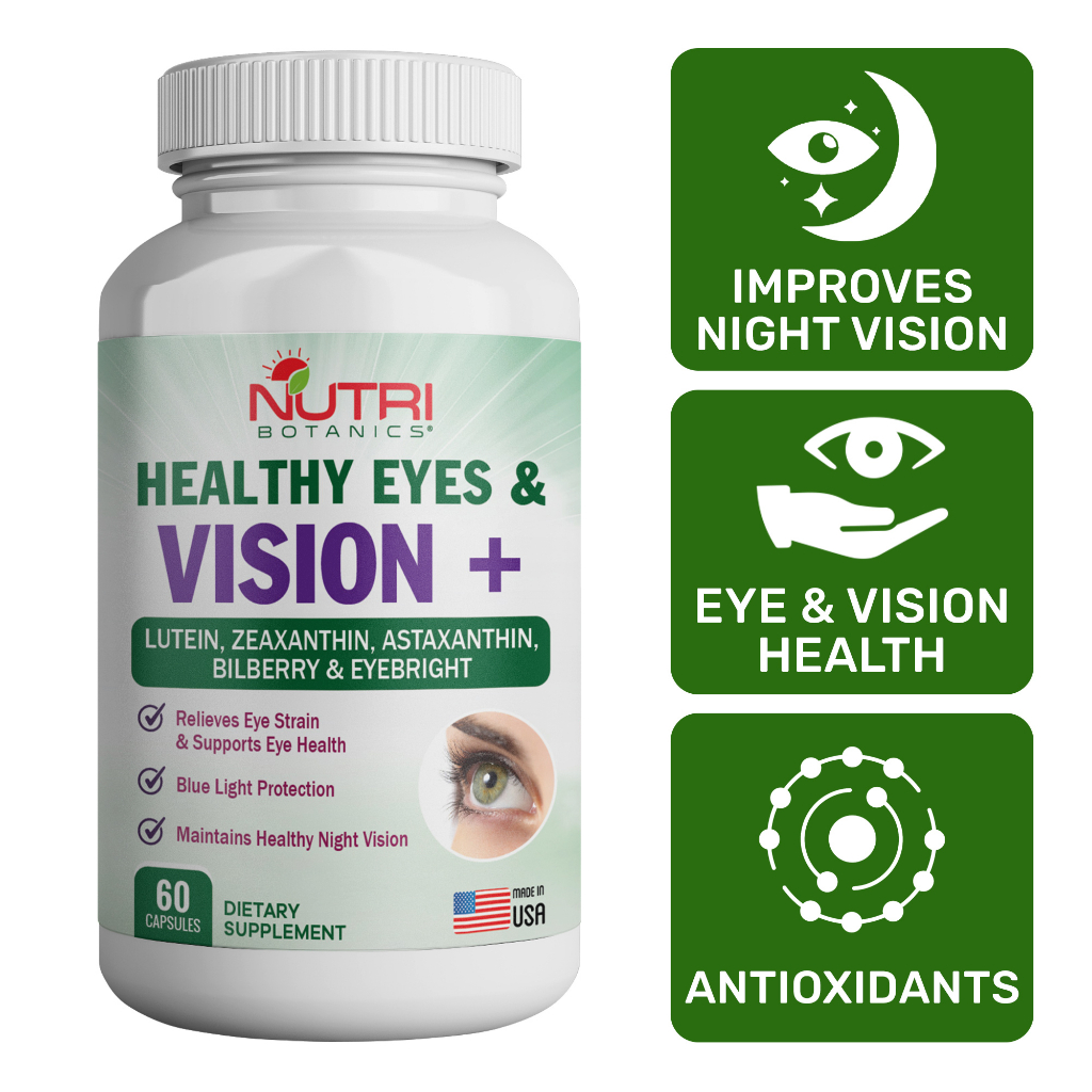 Nutri Botanics Healthy Eye & Vision+ Bilberry, Lutein Eye Supplement, Astaxanthin, Zeaxanthin
