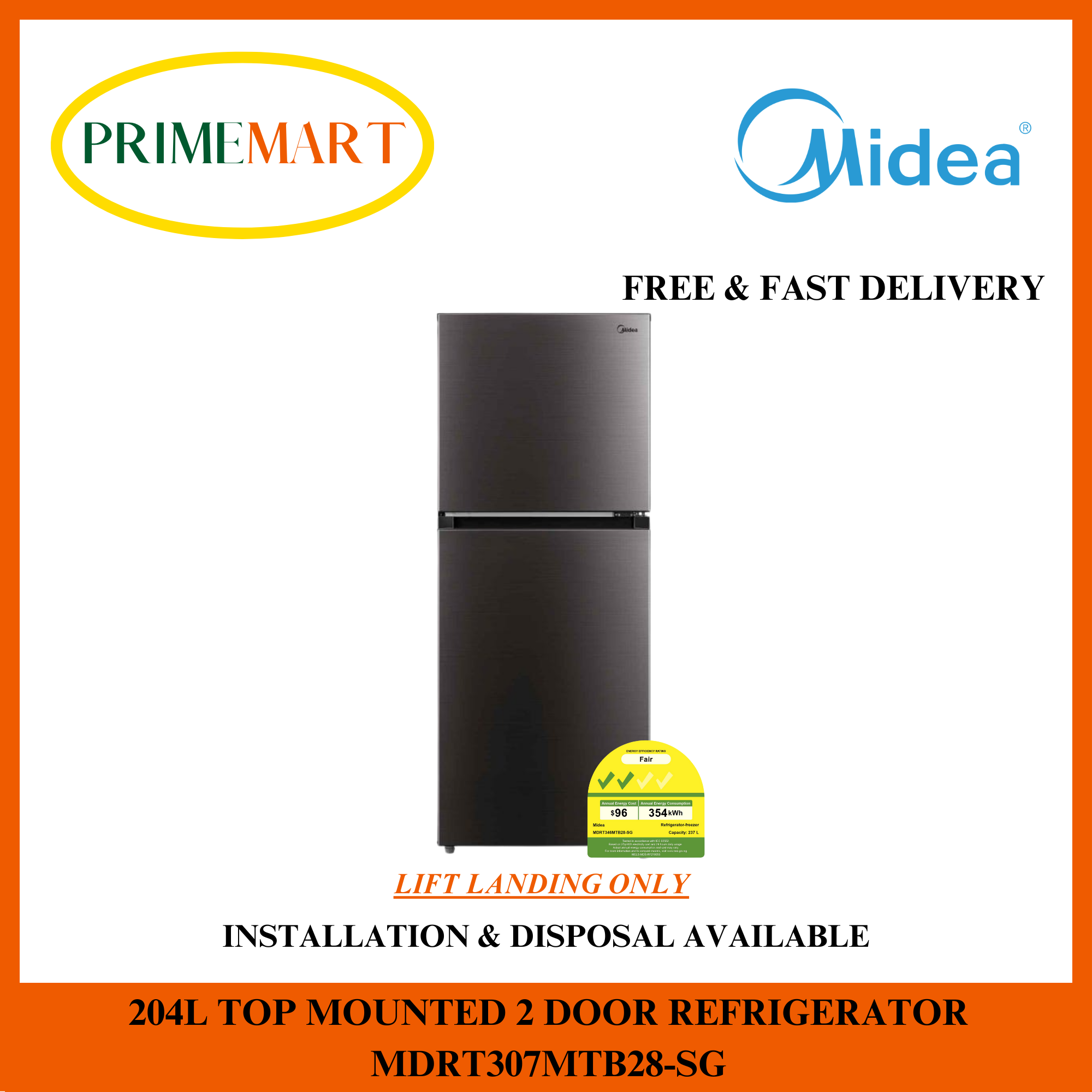 MIDEA MDRT307MTB28SG 204L TOP MOUNTED REFRIGERATOR 2 YEARS MIDEA