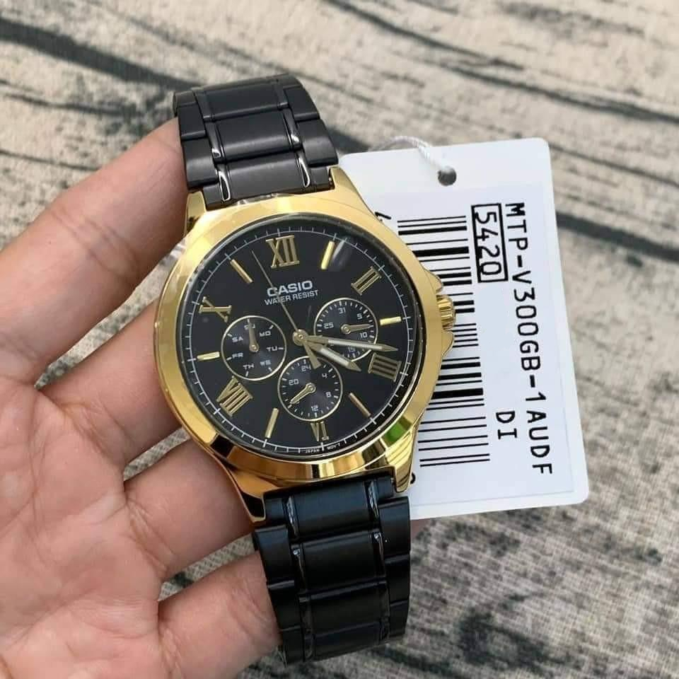 Time Cruze Casio MTP V300 Analog Chronograph Black Stainless Steel Gold Case Men Watch MTP V300GB 1A MTP V300GB 1AUDF Shopee Singapore