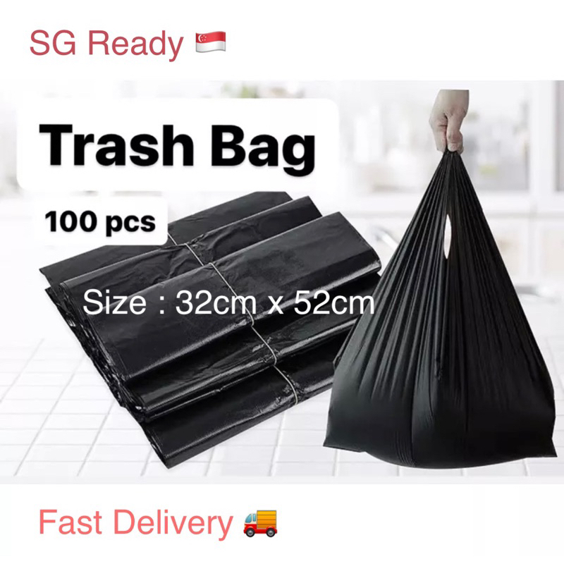 (SG Next Day Ship) 100pcs Strong Handle Black Garbage Bag Trash Bag ...