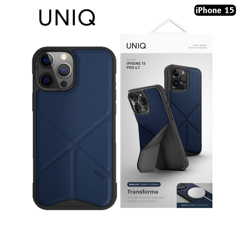 UNIQ Transforma Custodia Per IPhone 15 Pro Max Con Supporto Pieghevole E Ricarica Magnetica MagClick - Blu