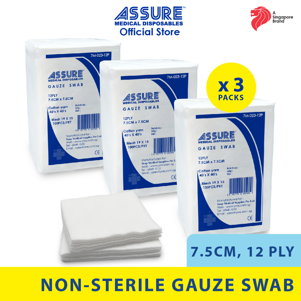 [Bundle of 3] ASSURE Gauze Swab NonSterile 7.5cm X 7.5cm X 12Ply, 100