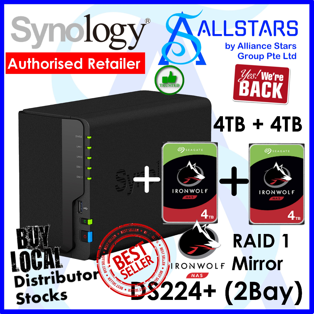 Seagate Ironwolf 4TB + 4TB)Synology DS224+ 2 Bay NAS(Intel Celeron 