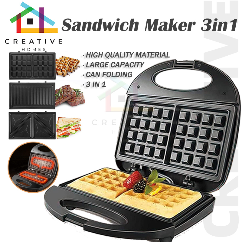 （SG Stock）Sandwich Maker, 3 in 1 Waffle Maker, Grill, 750W, LED