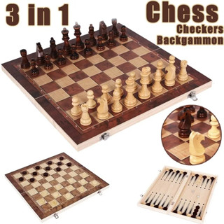 Hey! Play! 3-in-1 Deluxe Wooden Chess, Backgammon and Chess Set