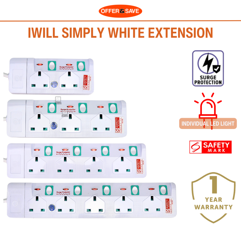 [Surge Protection] IWILL Simply White Mains Switch Extension Plug ...