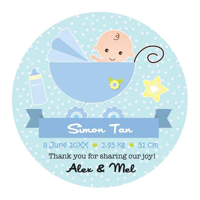 Customised Baby Full Month Favour Stickers (Baby Boy in Pram with Blue