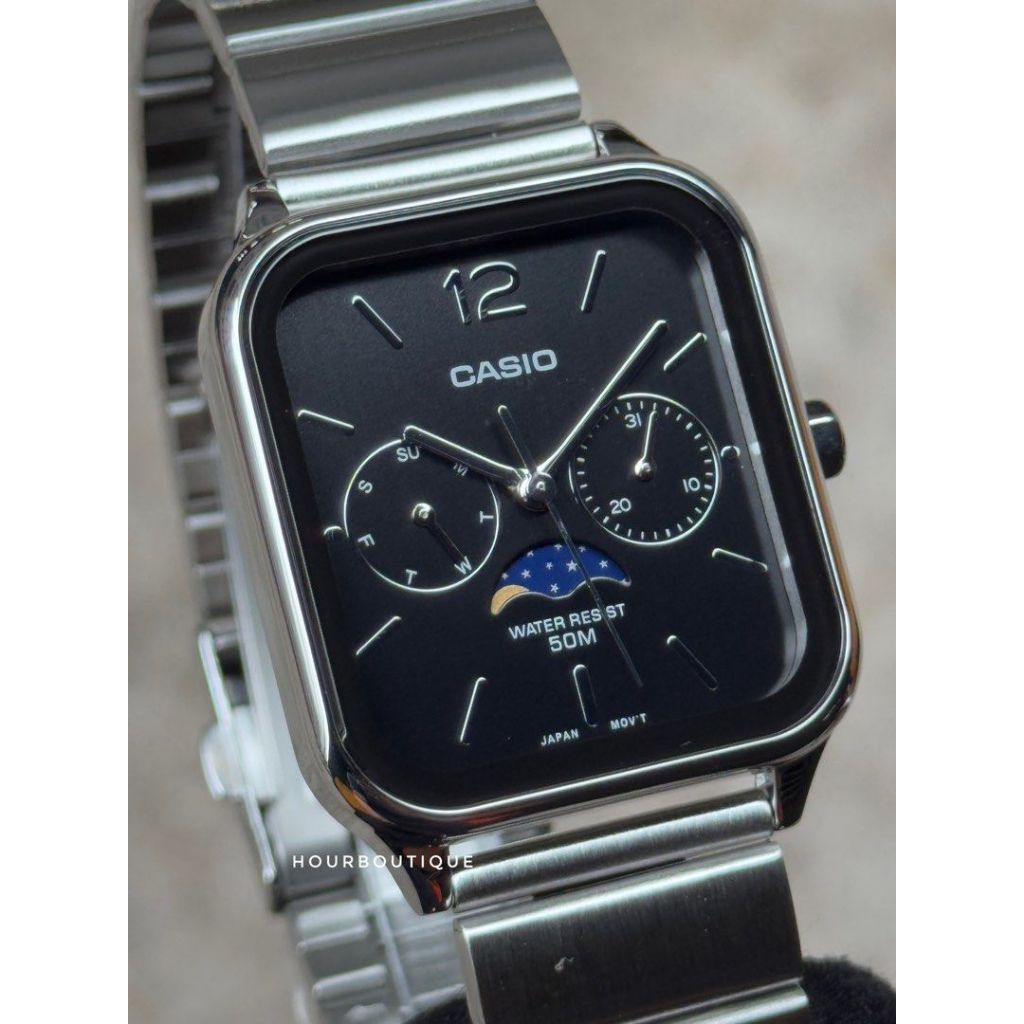 Brand New Casio Rectangular Black Dial Analog Watch with MoonPhase ...