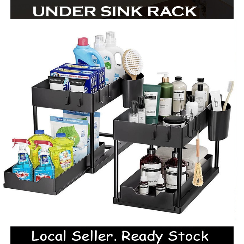 (SG STOCK) Under Sink Rack/ PP Plastic 2 Tier Kitchen Shelf Storage ...