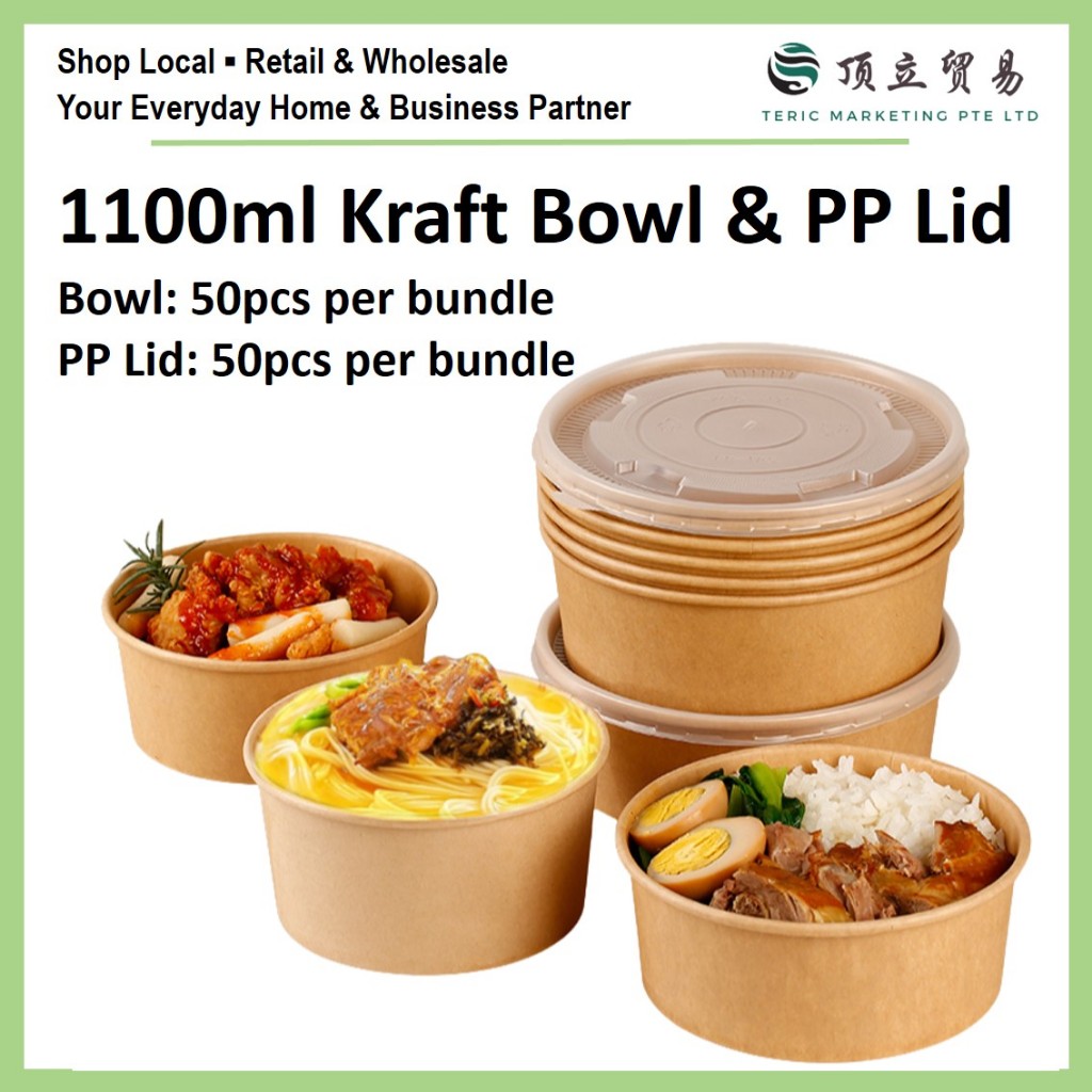 [SG STOCK] 1100ml Kraft Bowl With PP Hot Lid | Takeaway Bowl Soup ...
