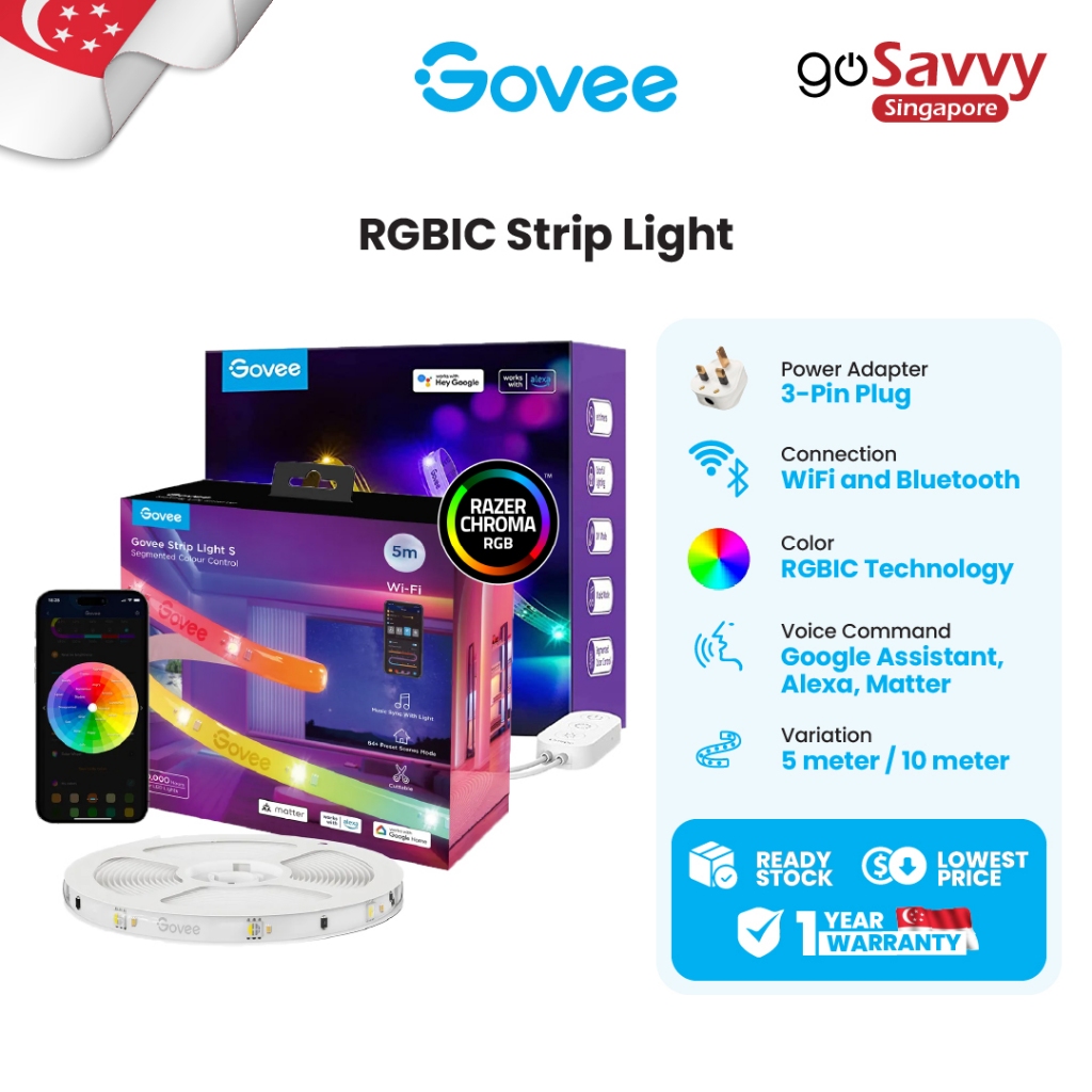 goSavvy Govee 5m/10m RGBIC Wifi + Bluetooth LED Strip Light with ...