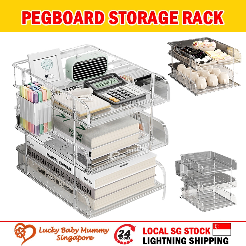 Clear Pegboard Desktop Organizer Rack/Acrylic A4 File Tray Storage Box ...