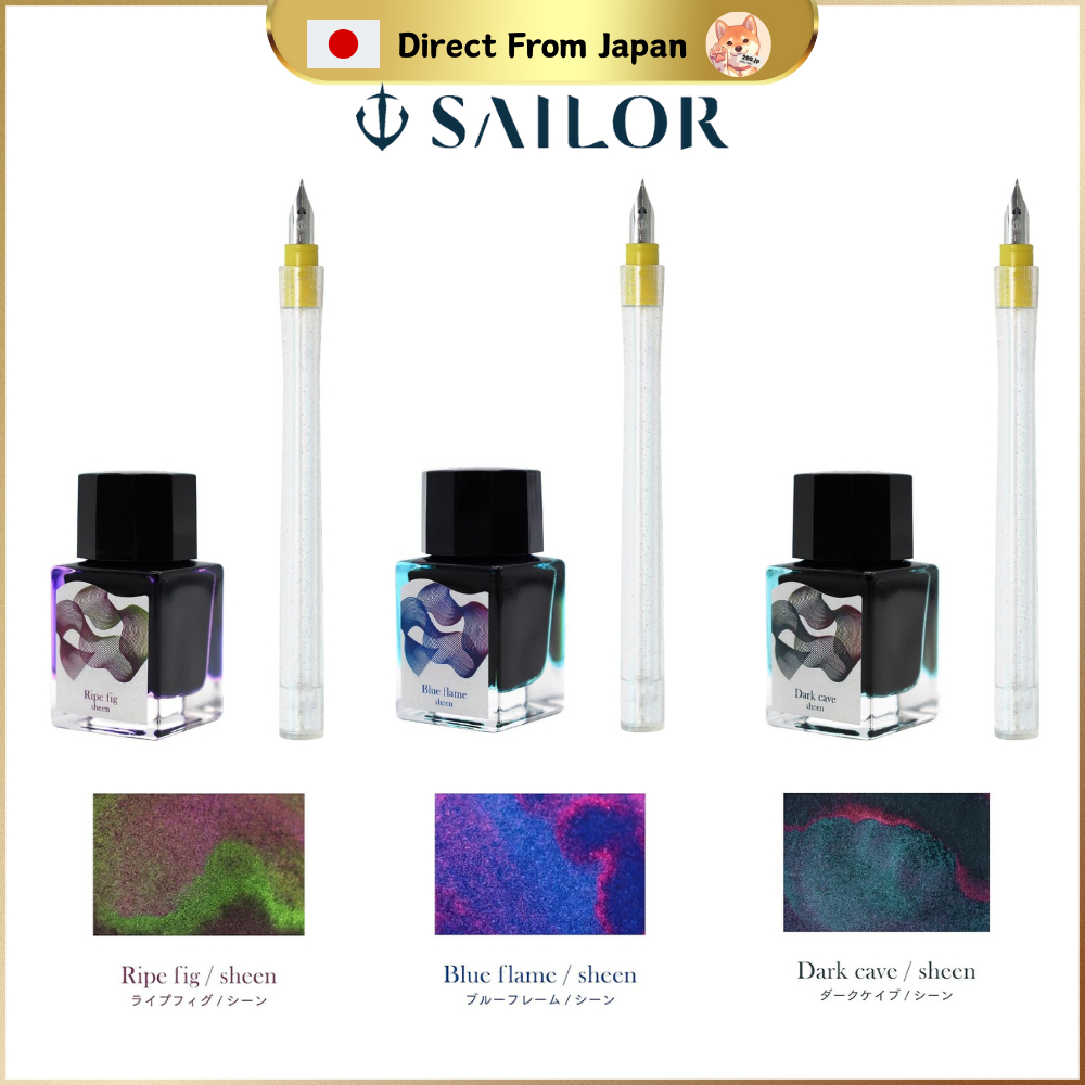 Sailor Fountain Pen Dip Pen Ink Set - Blue Frame, Dark Cave, and Ripe ...