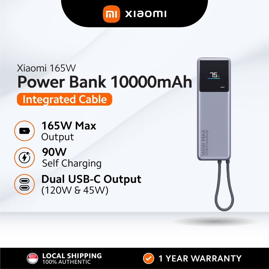 Xiaomi 165W Power Bank Integrated Cable 90W Self Charge Compact Fast ...