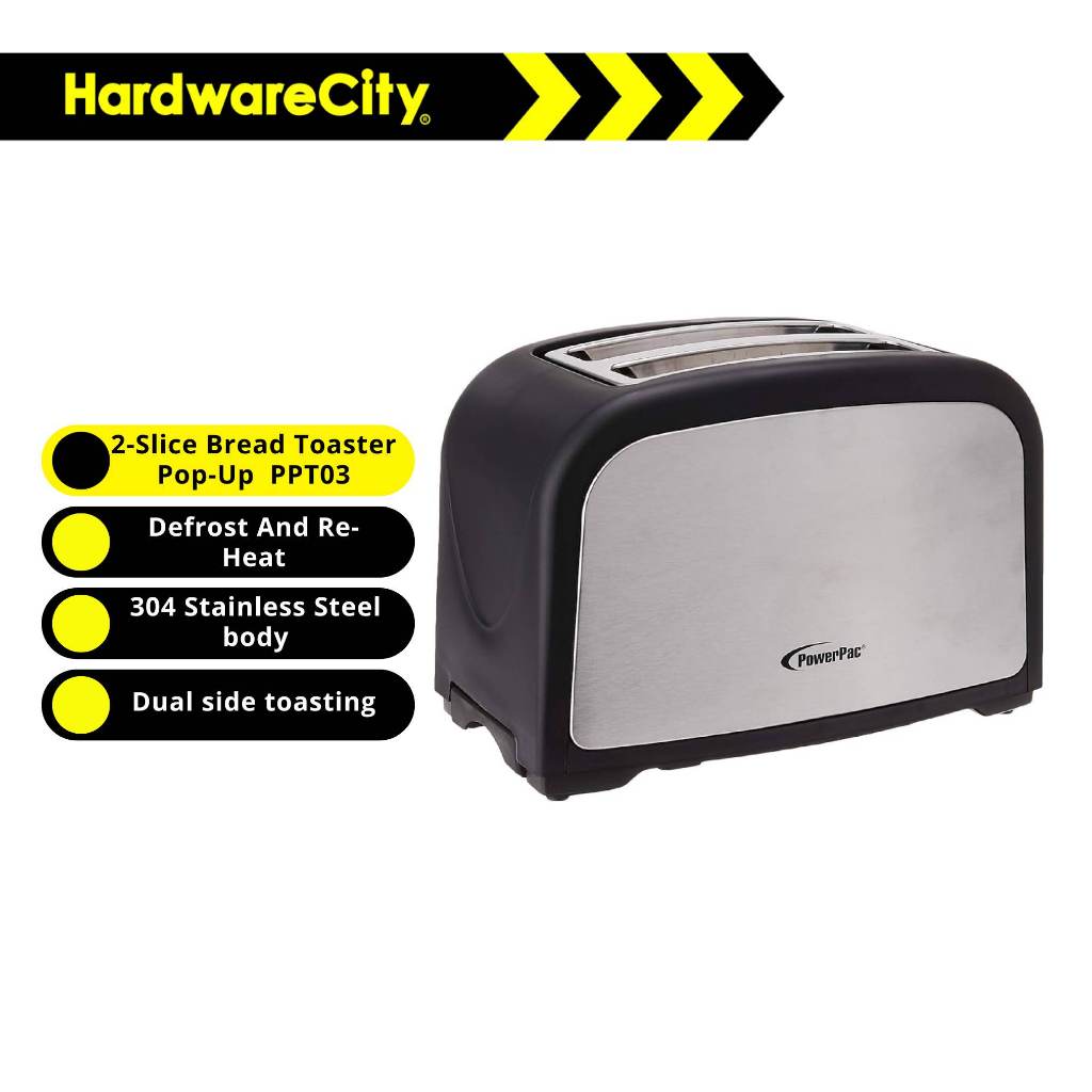 PowerPac 2-Slice Bread Toaster Pop-Up With Defrost And Re-Heat PPT03 ...