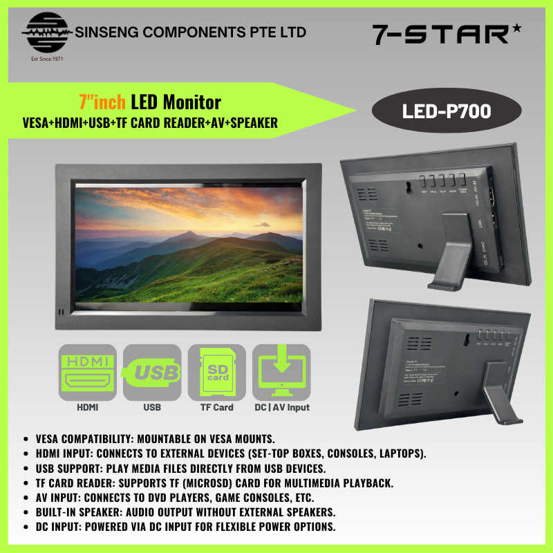 7Inch LED Monitor for Raspberry Pi - PC - CCTV (VESA+HDMI+USB+TF CARD ...