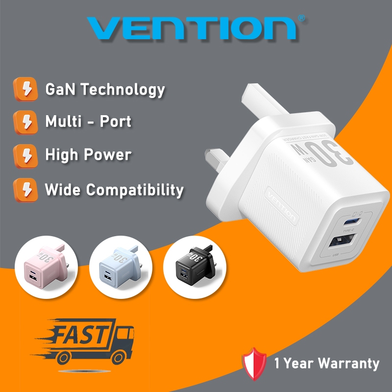 Vention® 30W GaN Charger Dual Port USB-C/USB-A Fast Charging Adapter ...