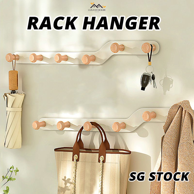 {SG} Bamboo Wall Mounted Hook Rack Hanger also for Bags Clothes ...