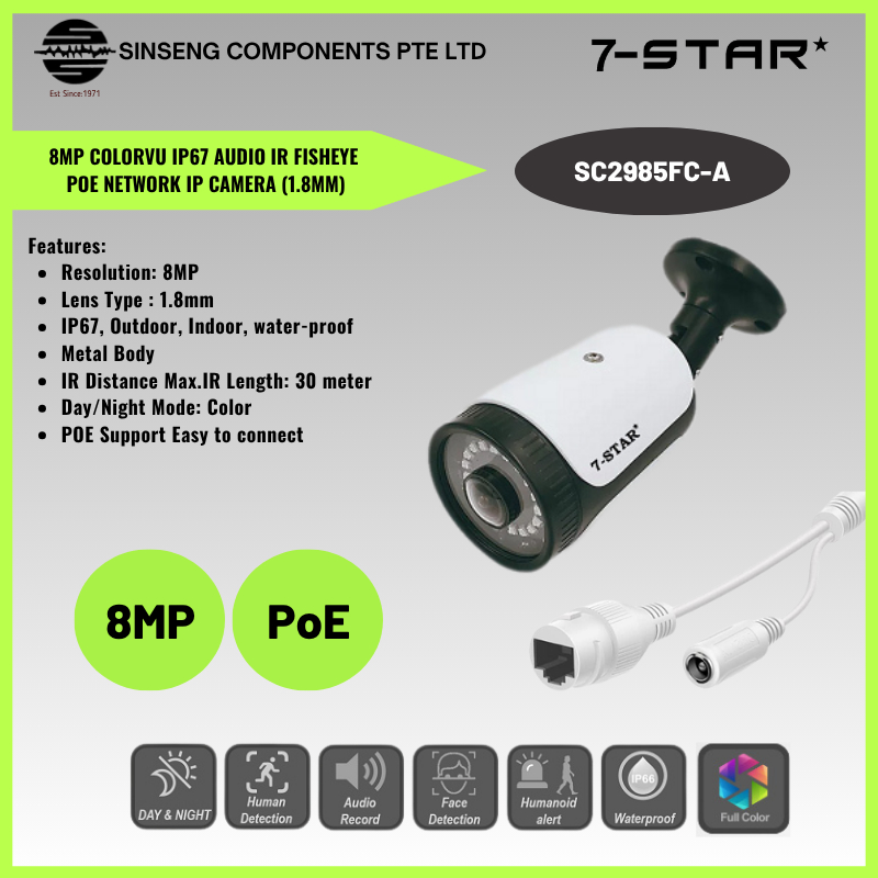 7-STAR* 8MP ColorVu IP67 Audio IR Fisheye 180 Degree Ultra Wide Angle ...