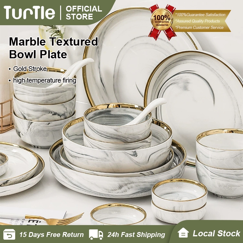 TURTLE Gold Edge Marble Design Ceramic Tableware Dinnerware (Plate ...