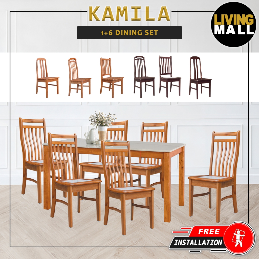 LivingMall Kamila Dining Set with Table & Chairs 1+6 in Solid Wood ...