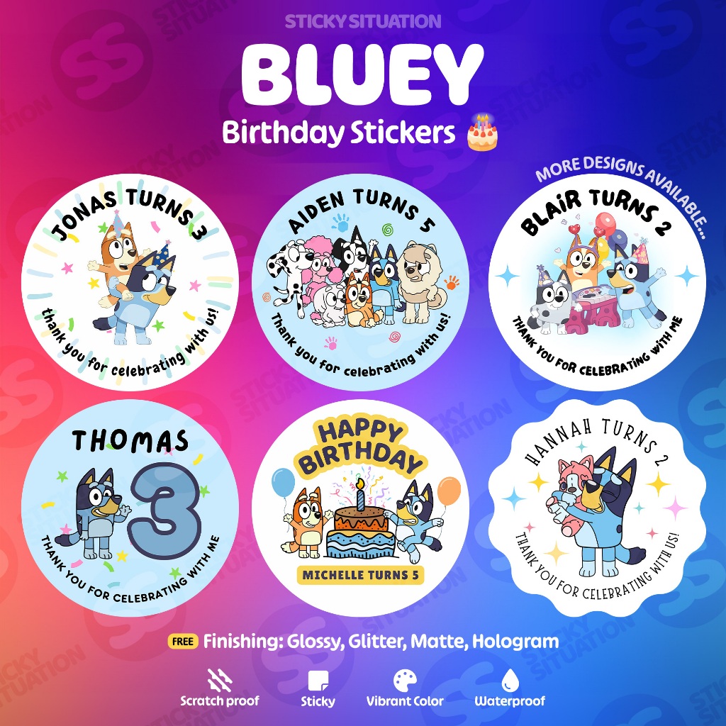 Bluey Birthday Stickers Personalized | Custom Kids Party Favors ...