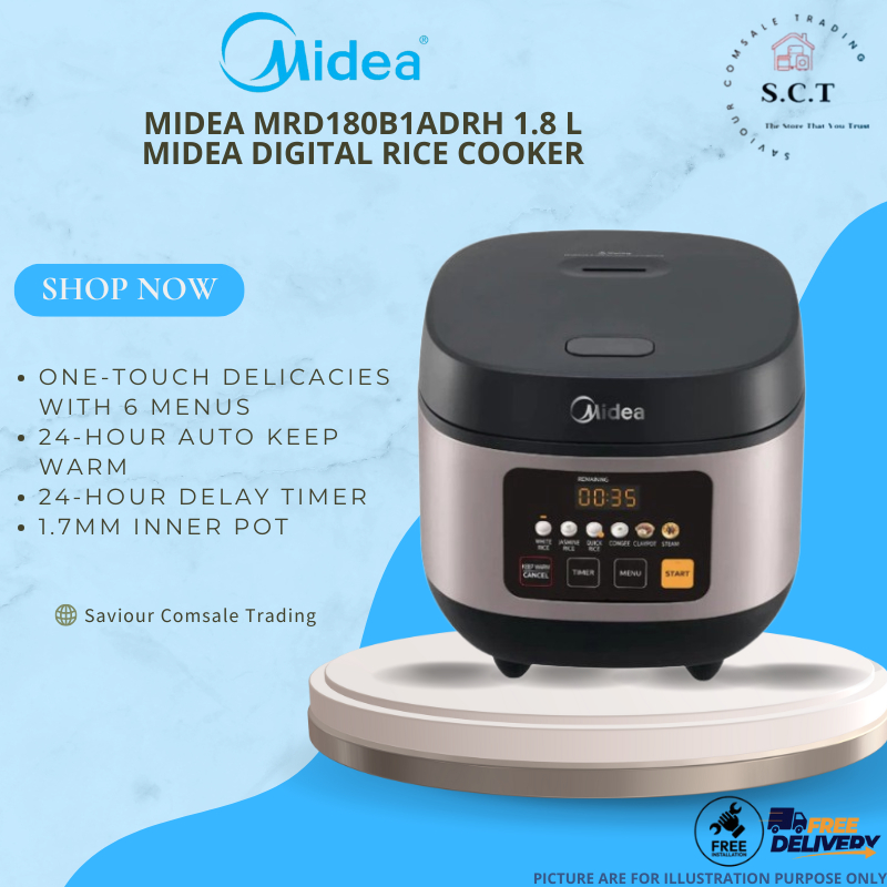 Midea MRD180B1ADRH 1.8 L Digital Rice Cooker – 6 Pre-Set Menus, 24H ...