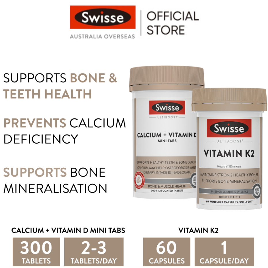 Swisse Ultiboost Calcium + Vitamin D Mini 300 Capsules + Vitamin K2 60 ...