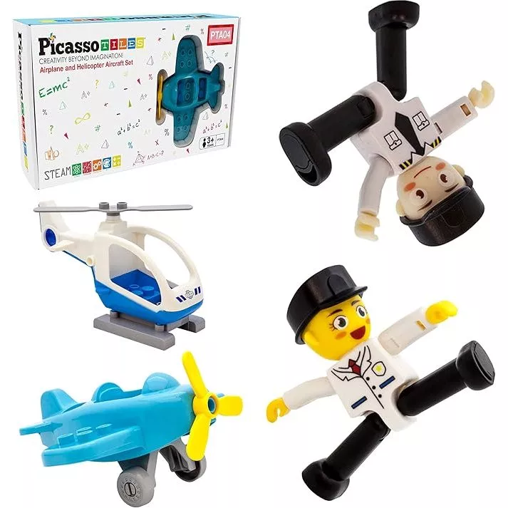PicassoTiles 4-Piece Aircraft Set - Magnetic helicopter and airplane with pilot character figures