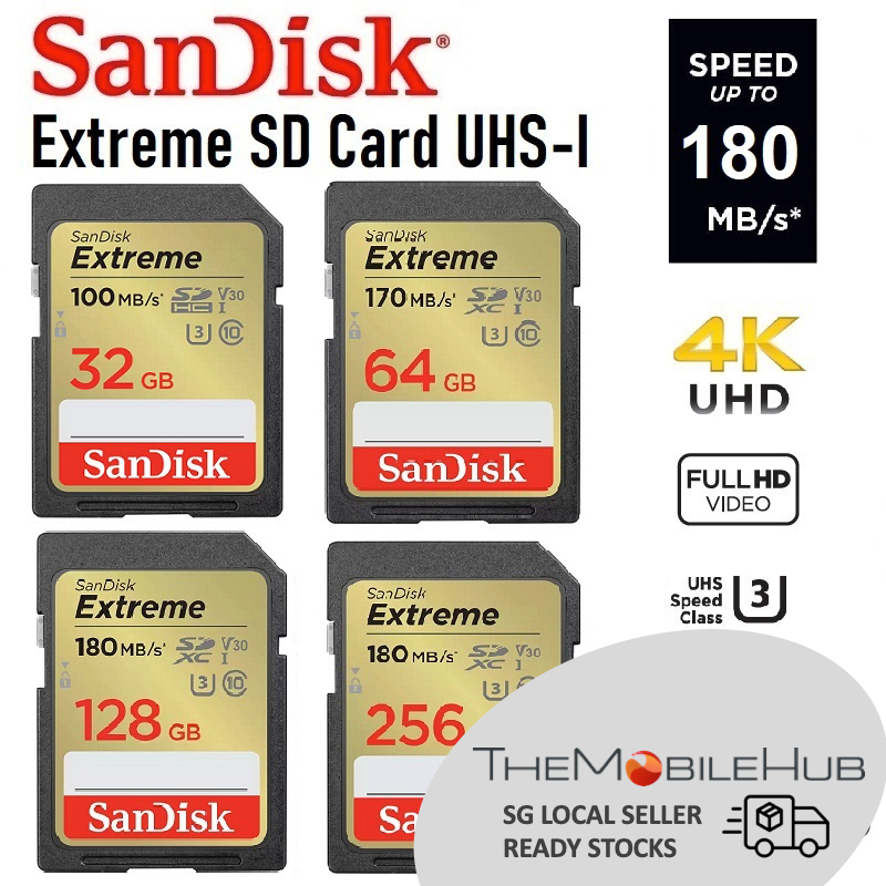 SanDisk Extreme SD Card 32GB 64GB 128GB 256GB 4K Video UHS-I Class 10 ...