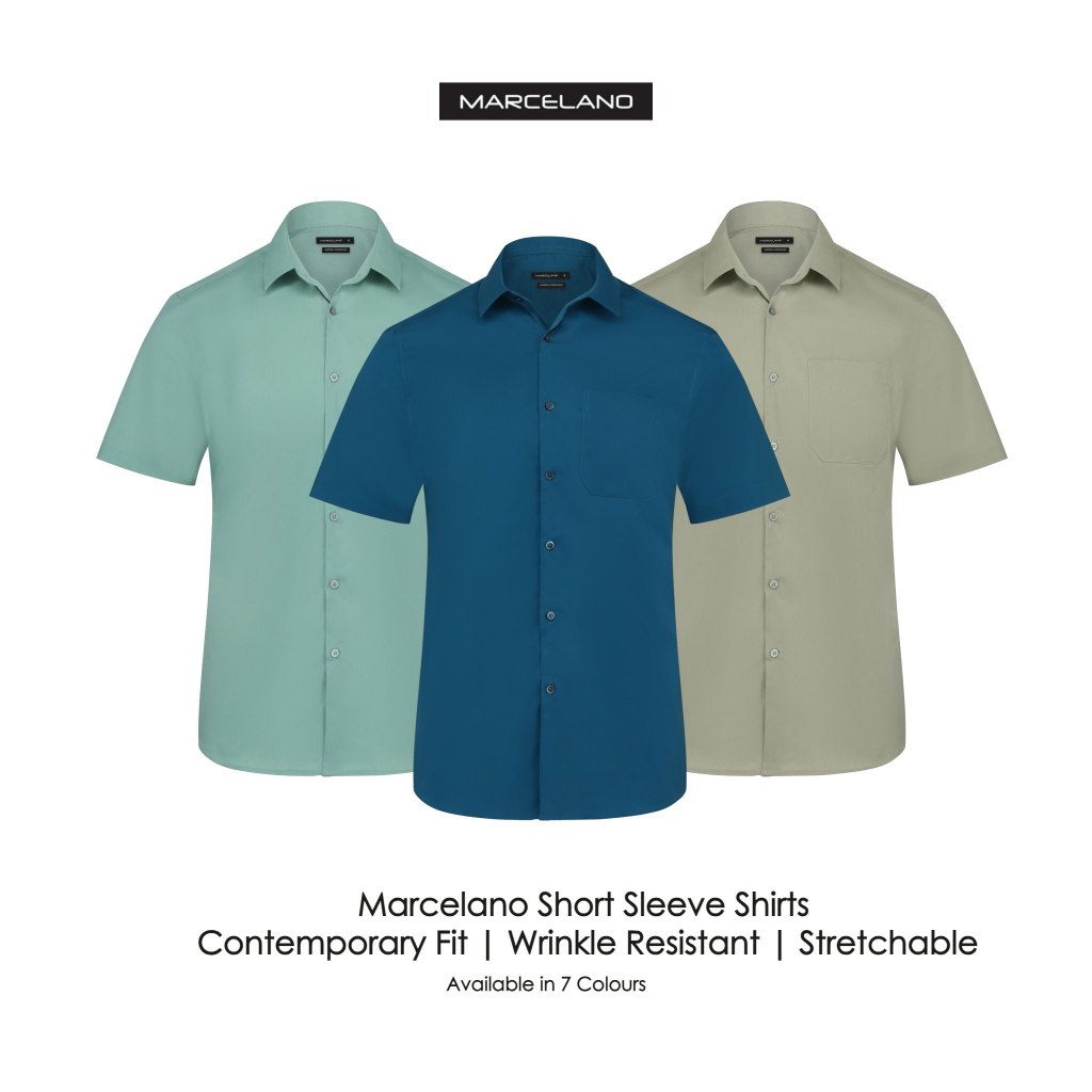 MARCELANO Men Poplin Stretchable Contemporary Fit Short Sleeve Business  Casual Wear (M5A065)