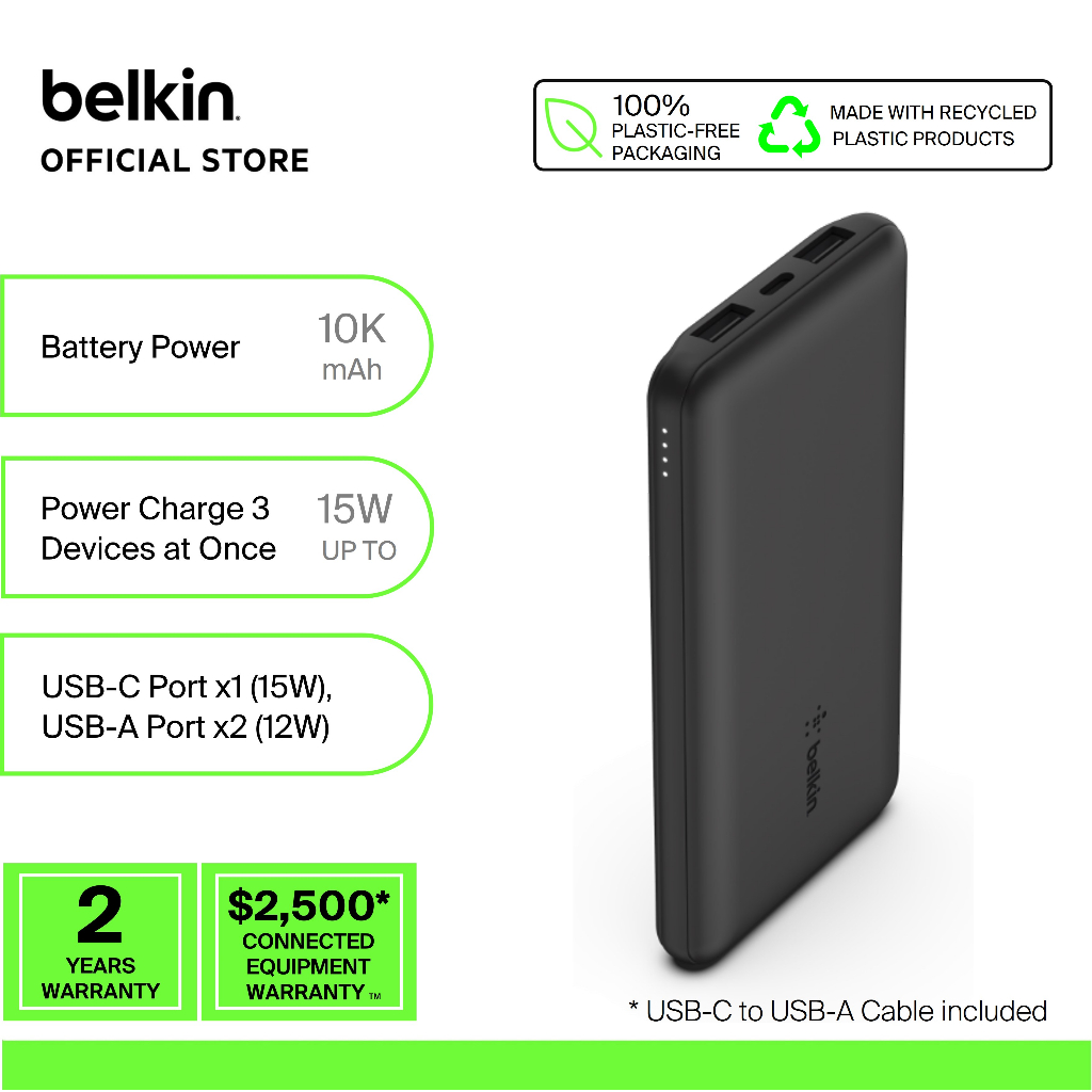 Belkin BPB011bt BoostCharge Power Bank 10K + USBA to USBC cable (iphone15,ipad,tablet,earbuds