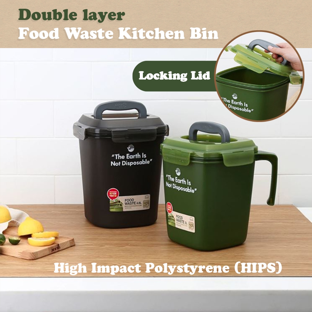 [SG SELLER] Double layer food waste kitchen bin with locking lid ( 3L