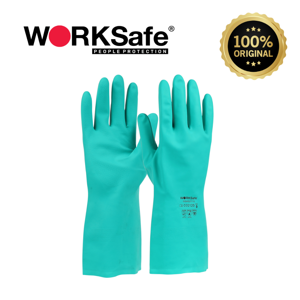 WORKSafe G37715 Nitchem Nitrile Chemical Resistant Gloves, Latex Free Safety Work Gloves Green