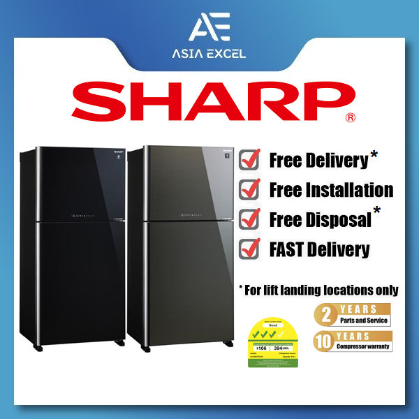 SHARP SJPG51P2 512L BLACK/SILVER JTECH INVERTER PLASMACLUSTER ION 2 DOOR TOP FREEZER