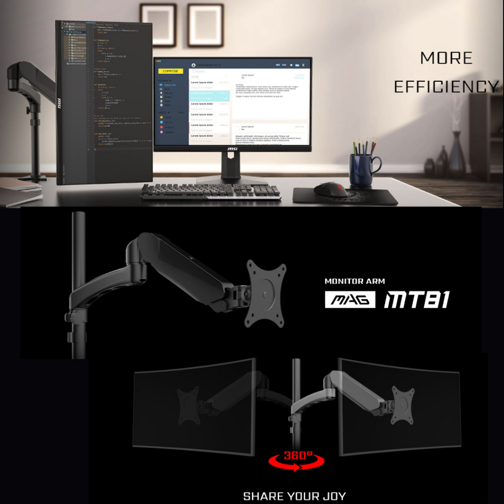 MSI MAG MT81 Monitor Arm Table Mount VESA 75mm | 100mm max weight 8kg (MO  1500) | Shopee Singapore
