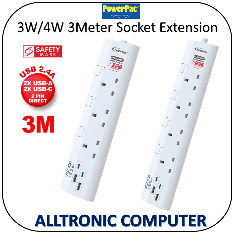 Powerpac 3W / 4W Socket Extension 3Meter Long Cable with 2.4A 2xUSB-A ...