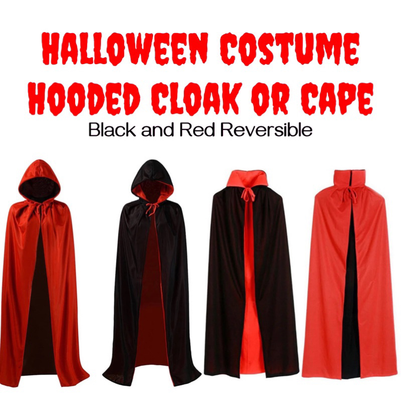 Halloween Costume Long Cape Hooded Cloak, Reversible Black and Red