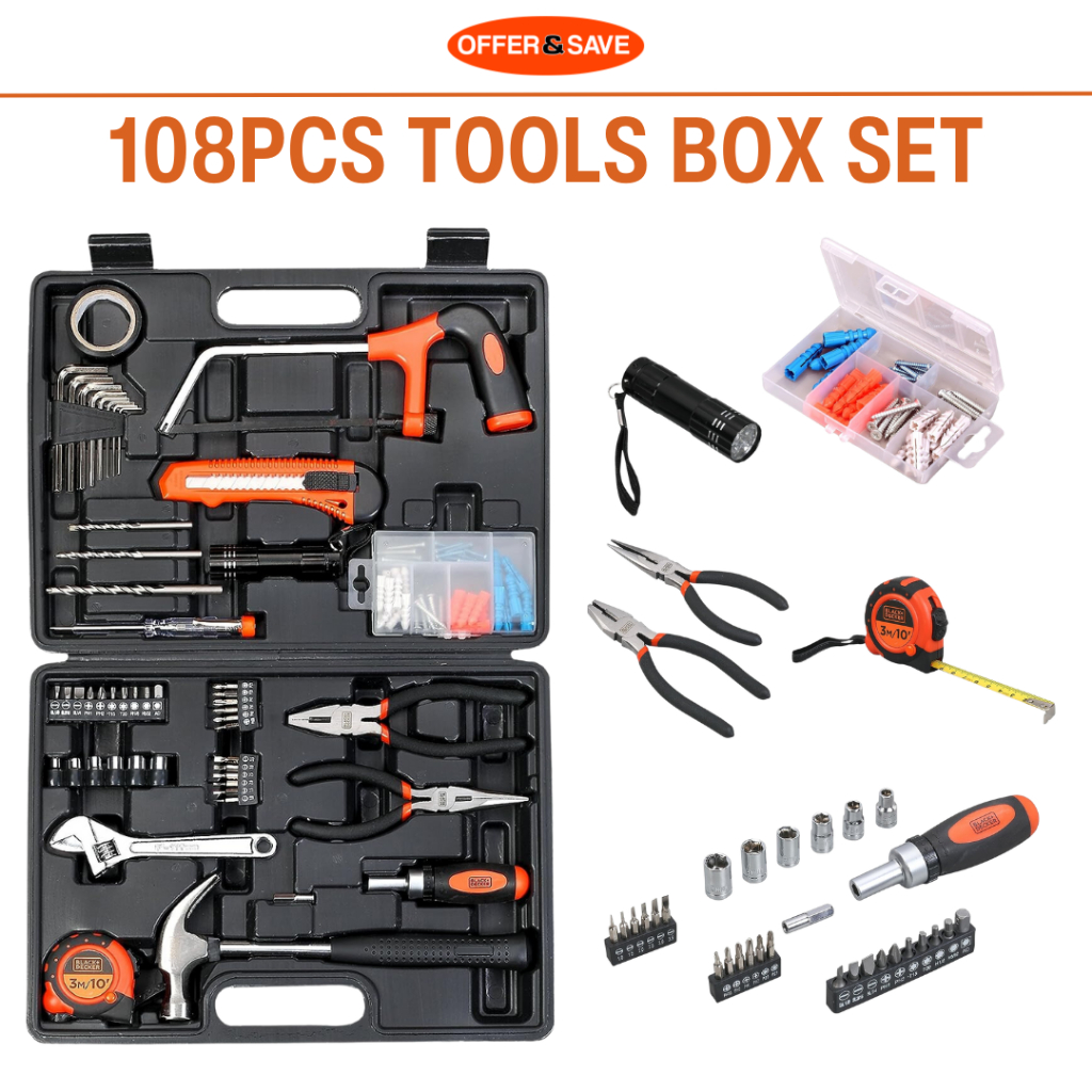 BLACK DECKER Hand Tool Kit for Home DIY Use 108 Piece Tool Box