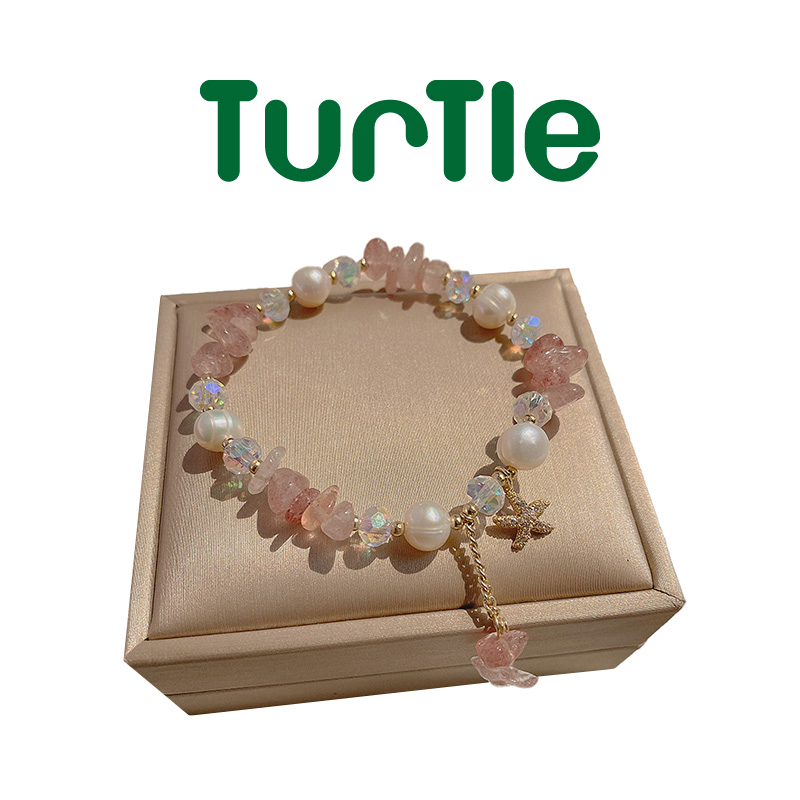 TURTLE Pink Strawberry Crystal Pearl and Stone Beaded Bracelet