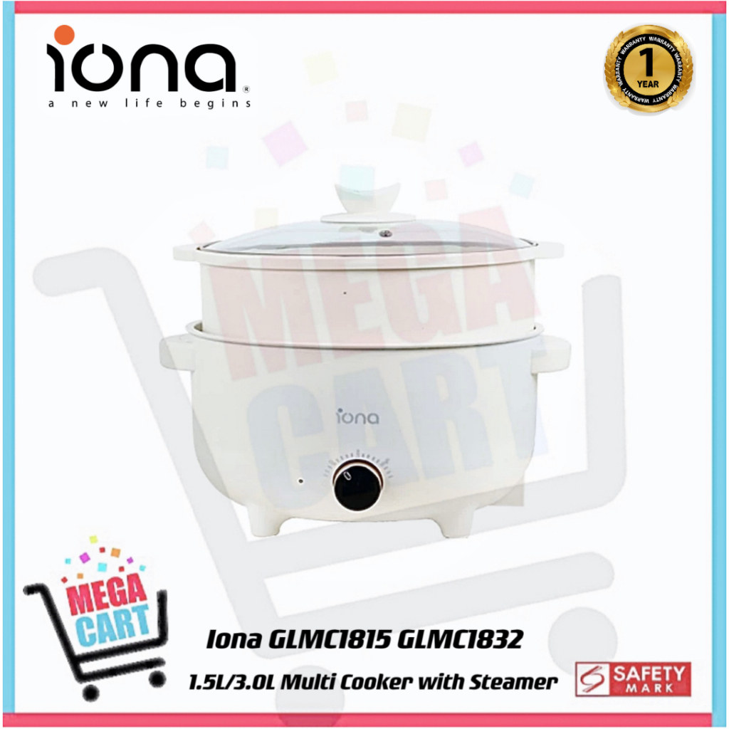 Iona 1.5L 3.0L Non Stick Ceramic Coated Multi Purpose Cooker with Steamer GLMC1815 GLMC1832 1 Year Warranty