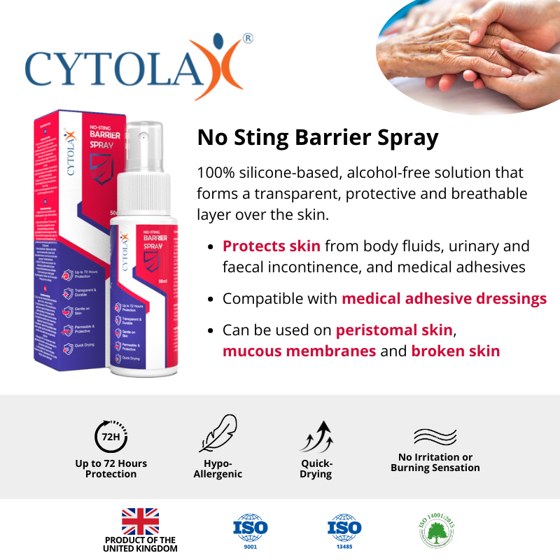 Cytolax NoSting Barrier Spray 50mL protects skin from body fluids