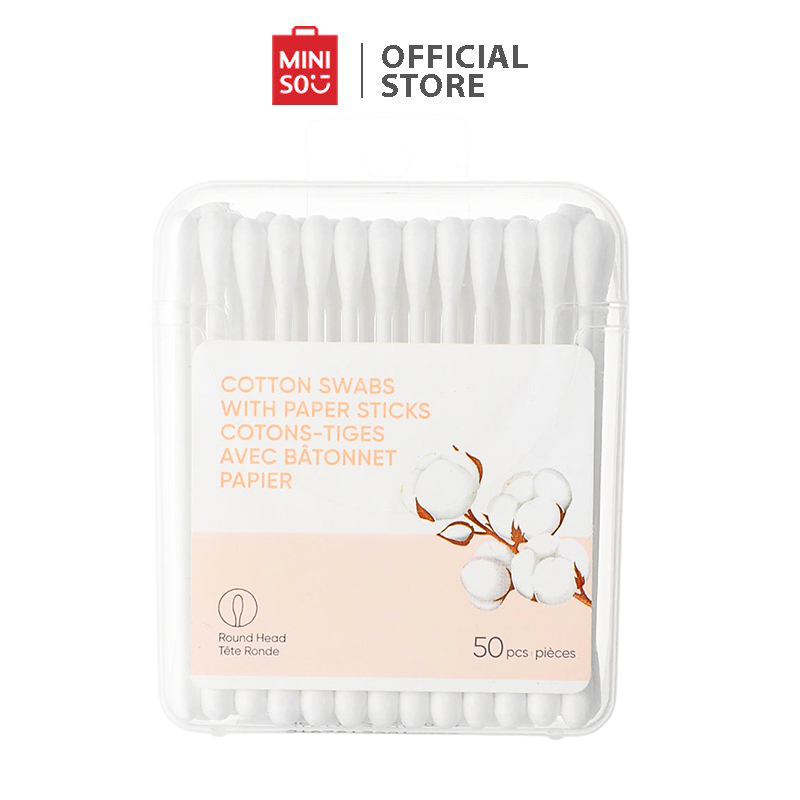 MINISO Cotton Swabs with Paper Sticks (Round Head, 50 pcs) Shopee