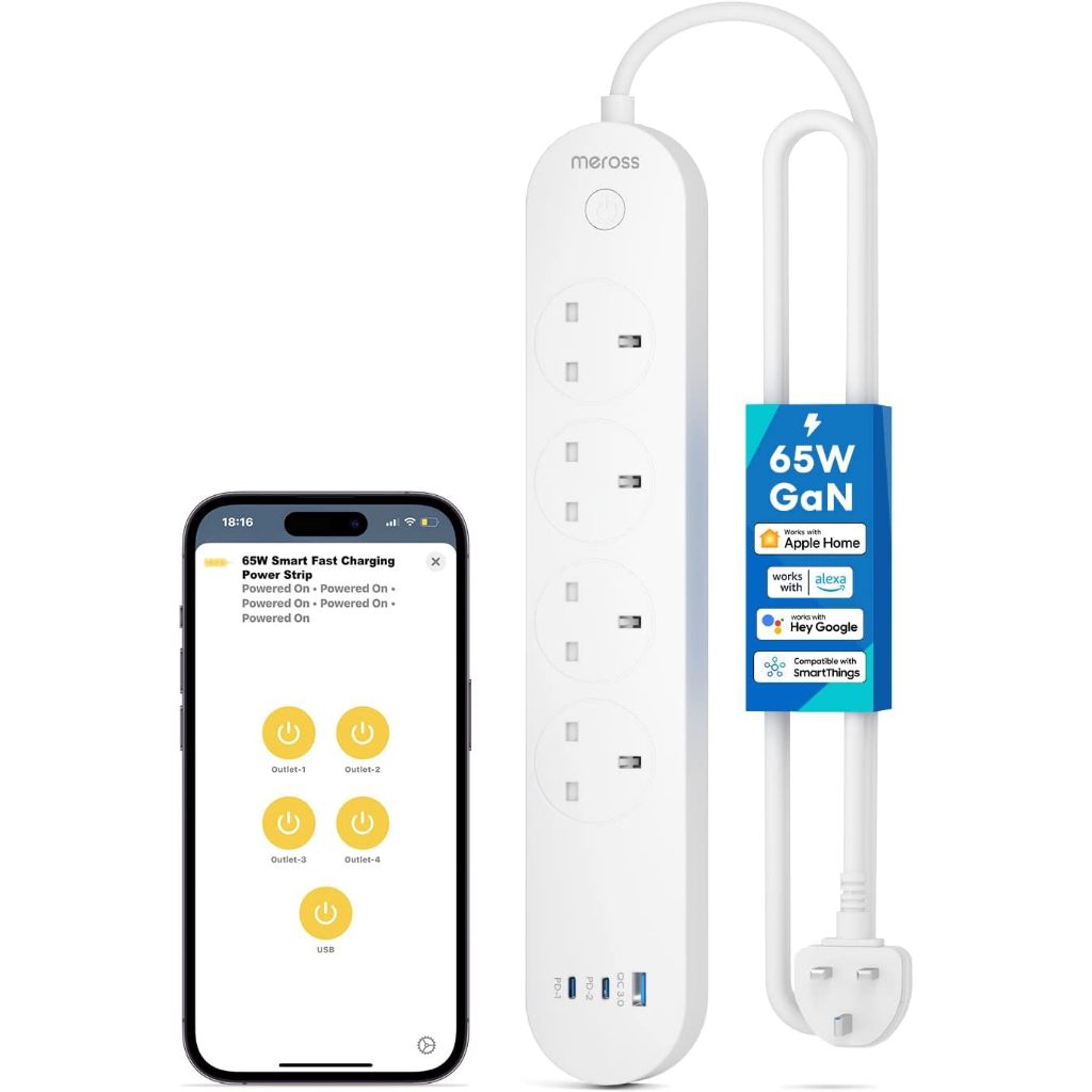 meross Smart Power Strip, 65W Fast Charger, 2 USB C + 1 USB A, WiFi