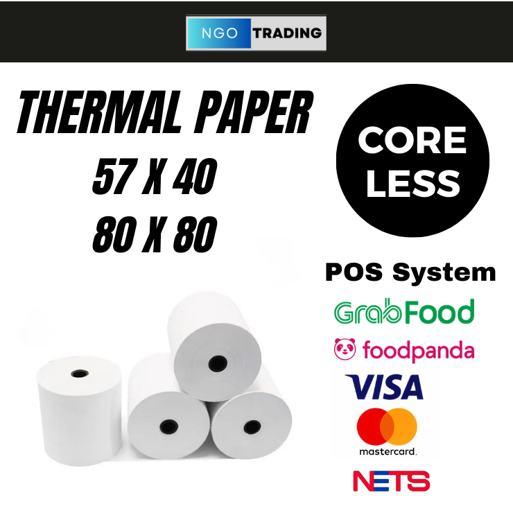 Thermal Coreless Receipt Roll Paper Roll 57x40mm / 80x80mm for Grabfood ...