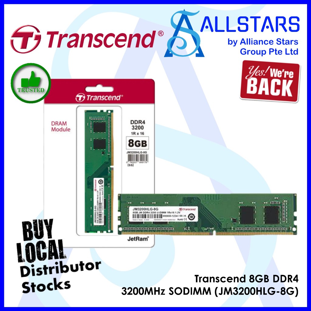 Transcend 8GB DDR4 3200MHz 1Rx16 Desktop (JM3200HLG-8G) (Ltd Lifetime ...