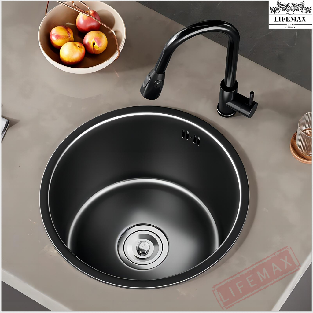 304 stainless steel kitchen basin Round sink Single tank black nano ...