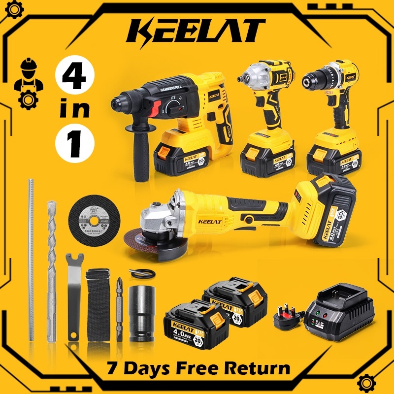 KEELAT 4 in 1 Cordless Combo Set Brushless Drill Impact Wrench Angle