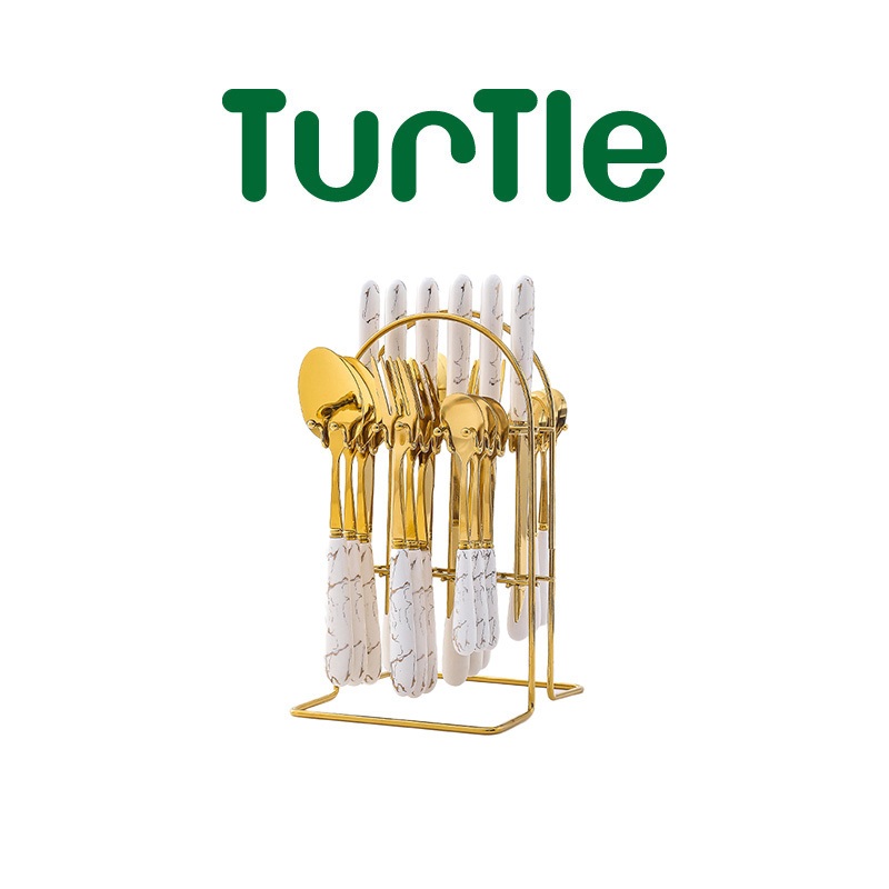 TURTLE Marble Stainless Steel Dining Cutlery Set with Gold Rack (Set of ...