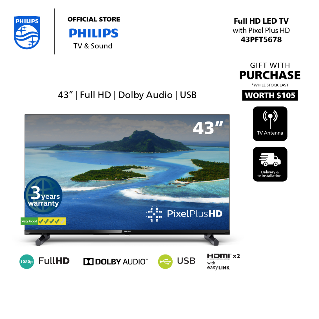 Philips 43Inch FHD Slim Non Smart TV 43PFT5678 Pixel Plus HD 3
